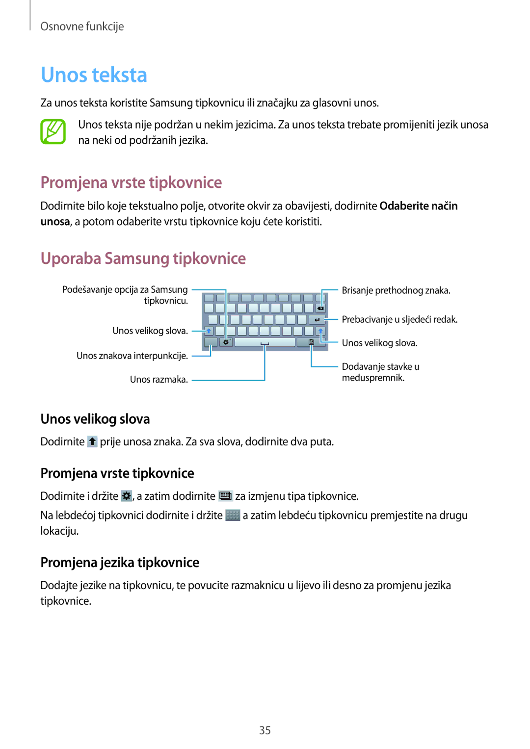 Samsung SM-T3110ZWASEE manual Unos teksta, Promjena vrste tipkovnice, Uporaba Samsung tipkovnice 