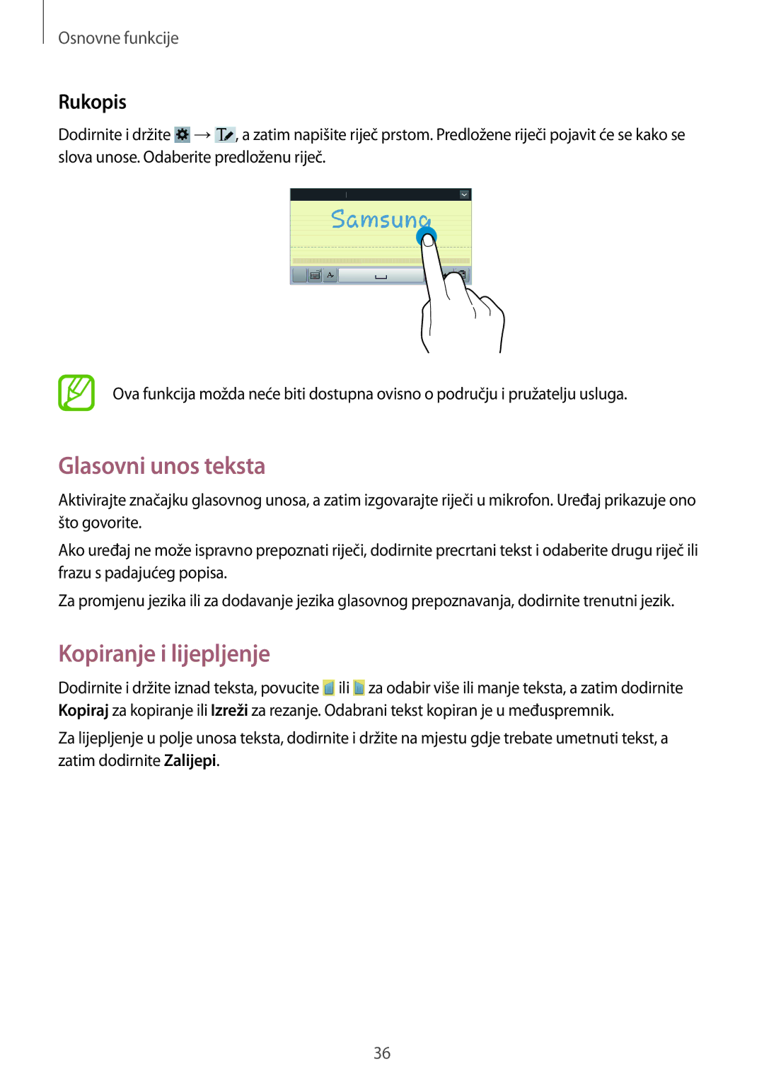 Samsung SM-T3110ZWASEE manual Glasovni unos teksta, Kopiranje i lijepljenje, Rukopis 