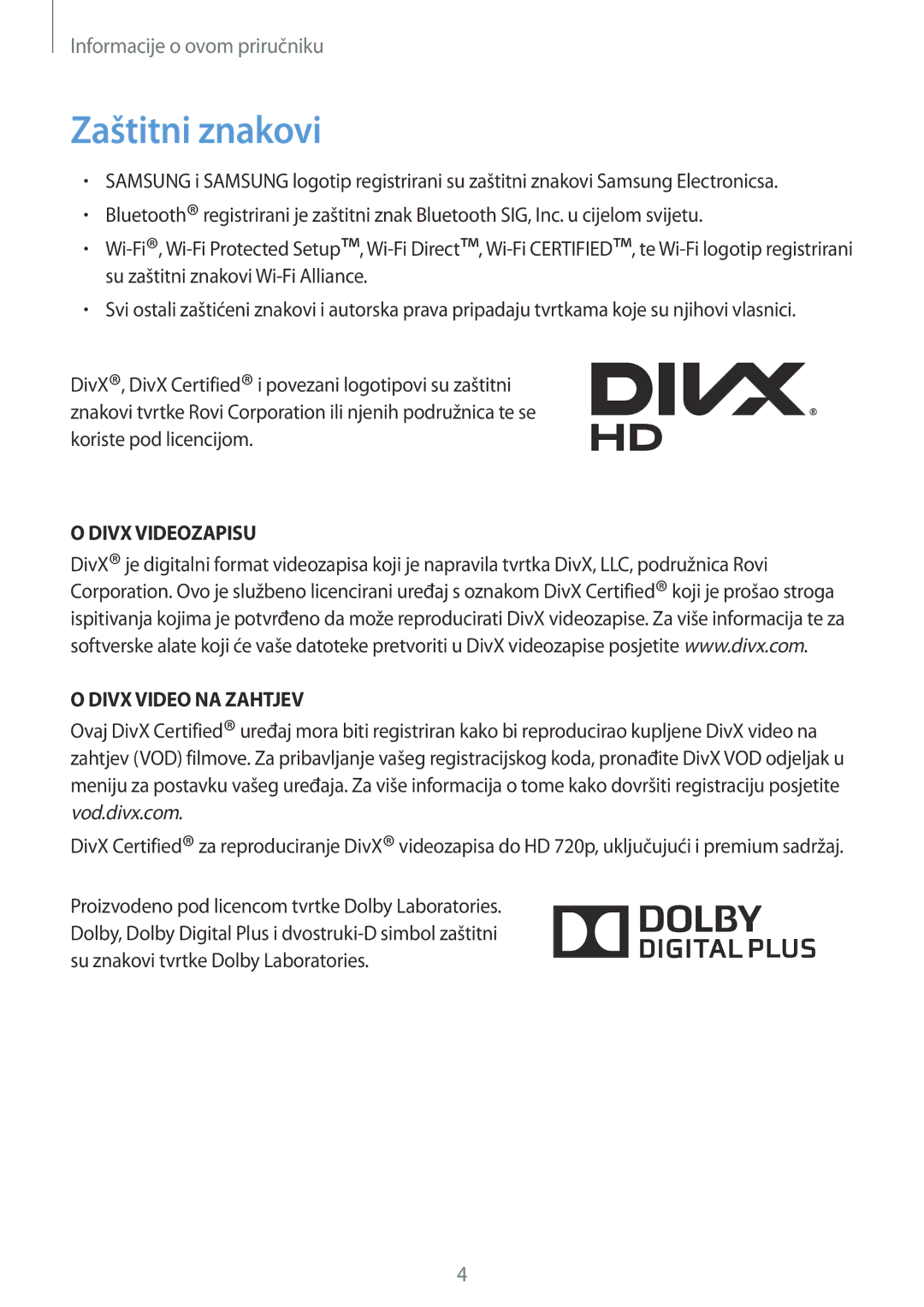 Samsung SM-T3110ZWASEE manual Zaštitni znakovi, Divx Videozapisu Divx Video NA Zahtjev 