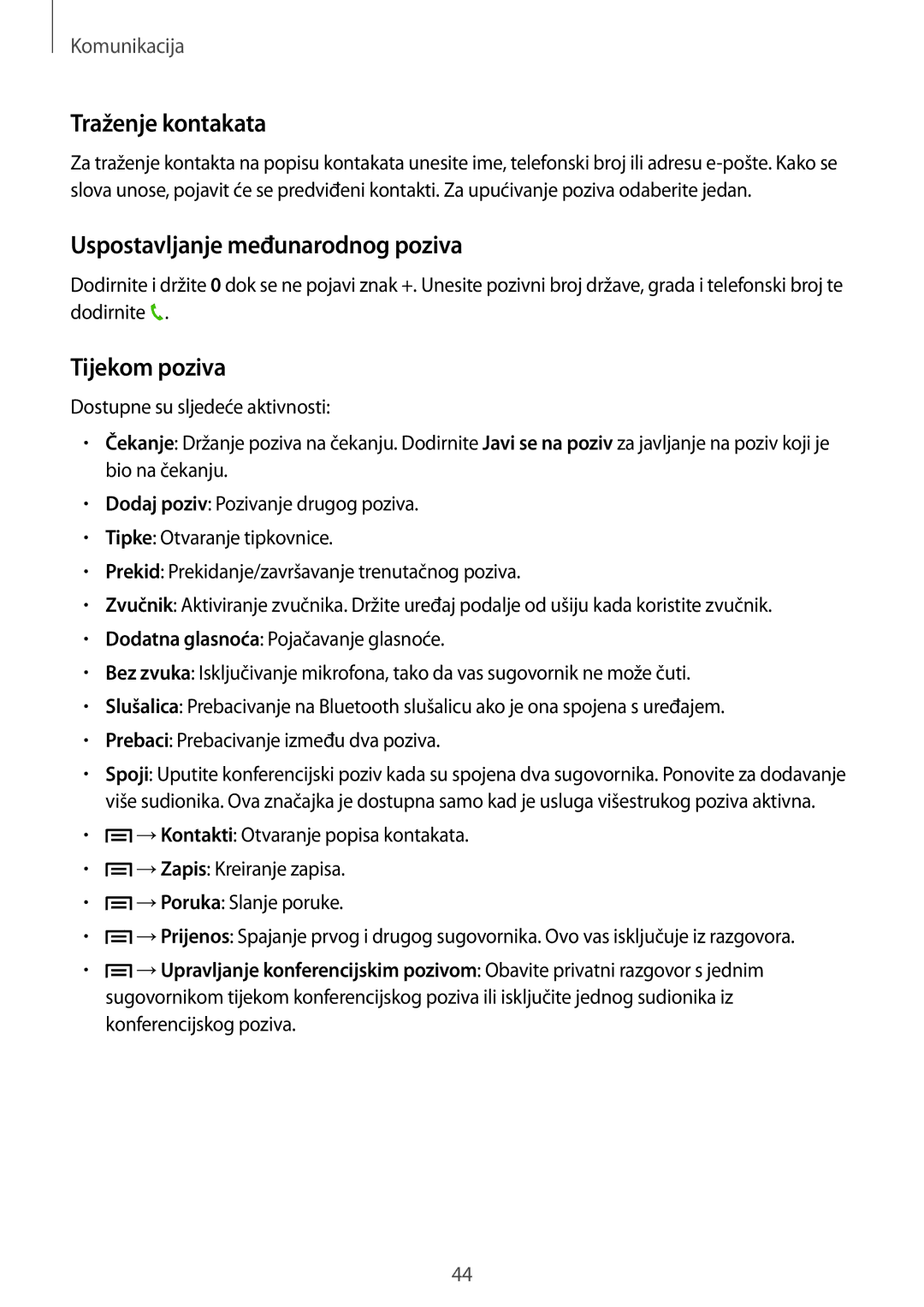 Samsung SM-T3110ZWASEE manual Traženje kontakata, Uspostavljanje međunarodnog poziva, Tijekom poziva 