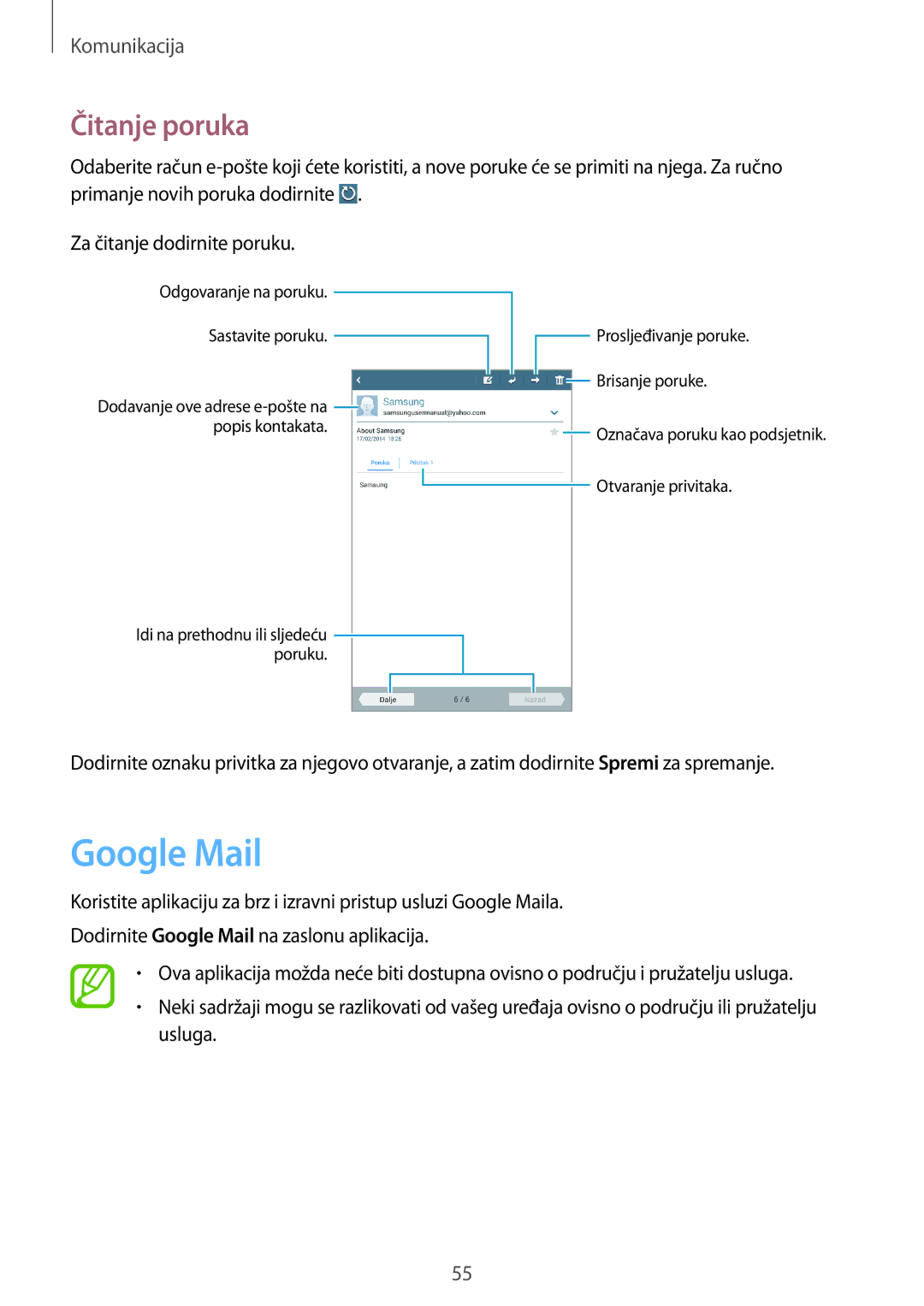 Samsung SM-T3110ZWASEE manual Google Mail, Čitanje poruka 