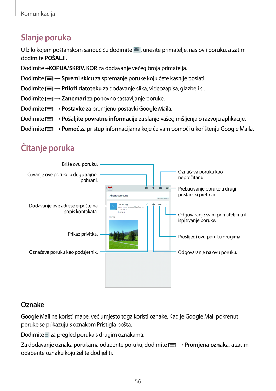 Samsung SM-T3110ZWASEE manual Oznake, Dodirnite →Postavke za promjenu postavki Google Maila 