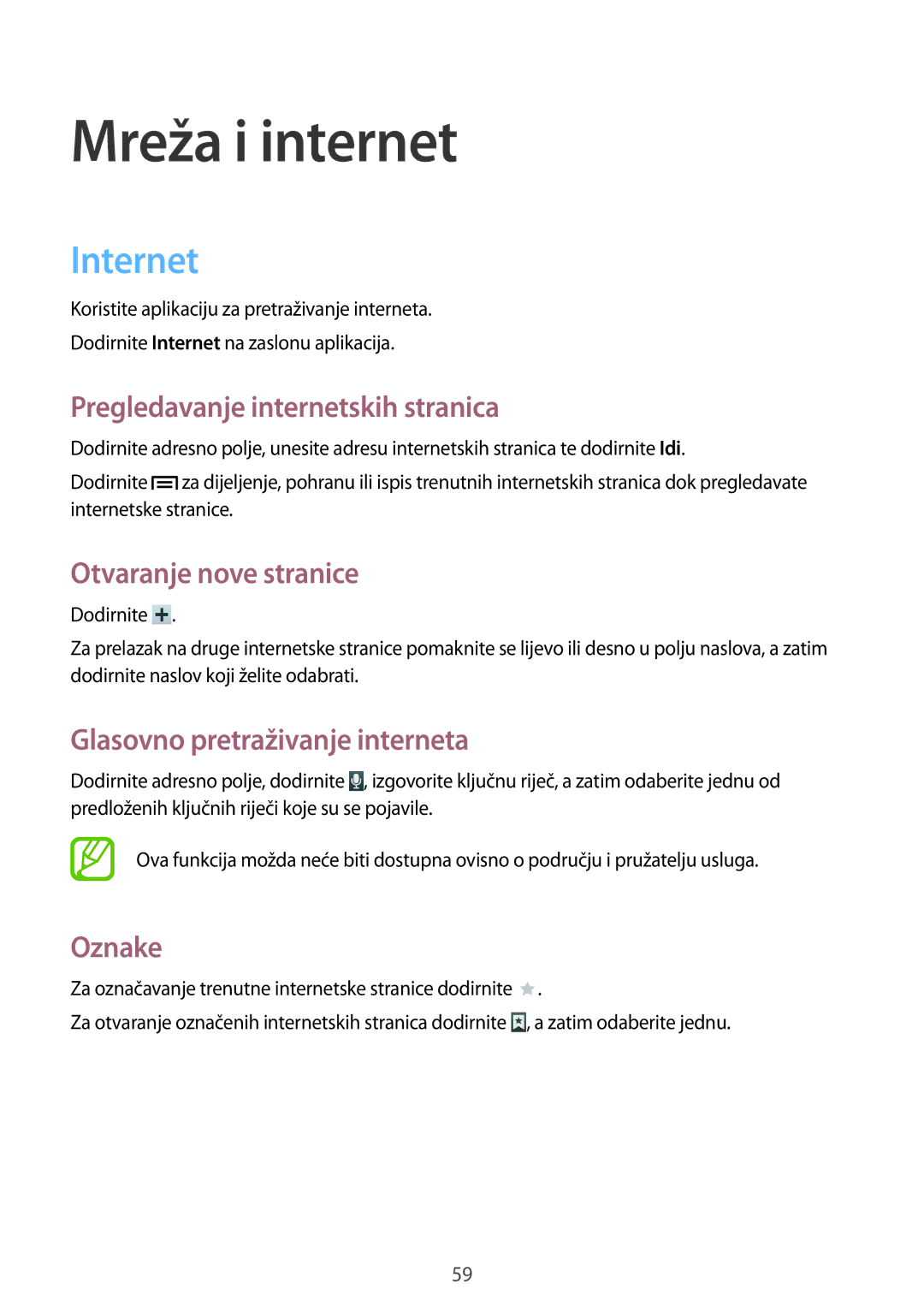 Samsung SM-T3110ZWASEE manual Internet, Pregledavanje internetskih stranica, Otvaranje nove stranice, Oznake 