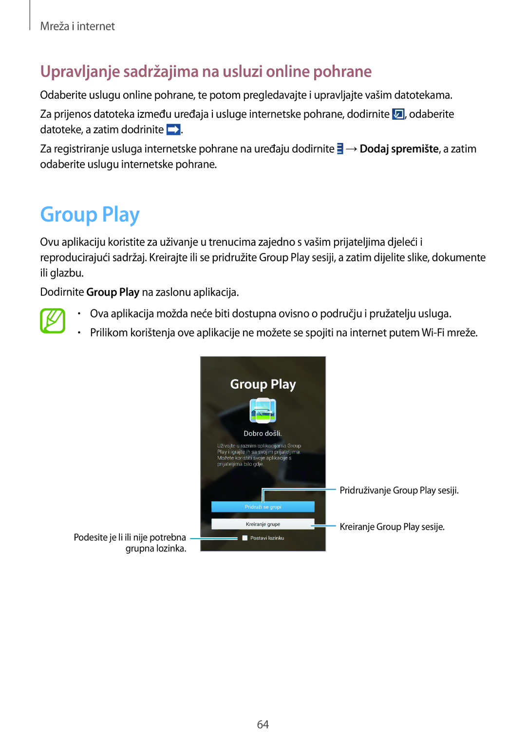 Samsung SM-T3110ZWASEE manual Group Play, Upravljanje sadržajima na usluzi online pohrane 