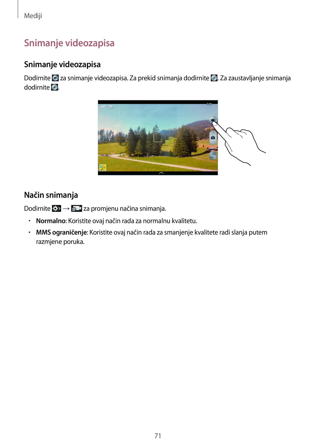 Samsung SM-T3110ZWASEE manual Snimanje videozapisa, Način snimanja 