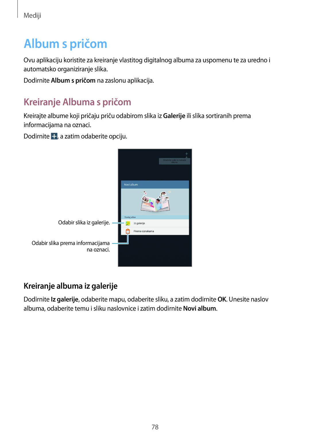 Samsung SM-T3110ZWASEE manual Album s pričom, Kreiranje Albuma s pričom, Kreiranje albuma iz galerije 