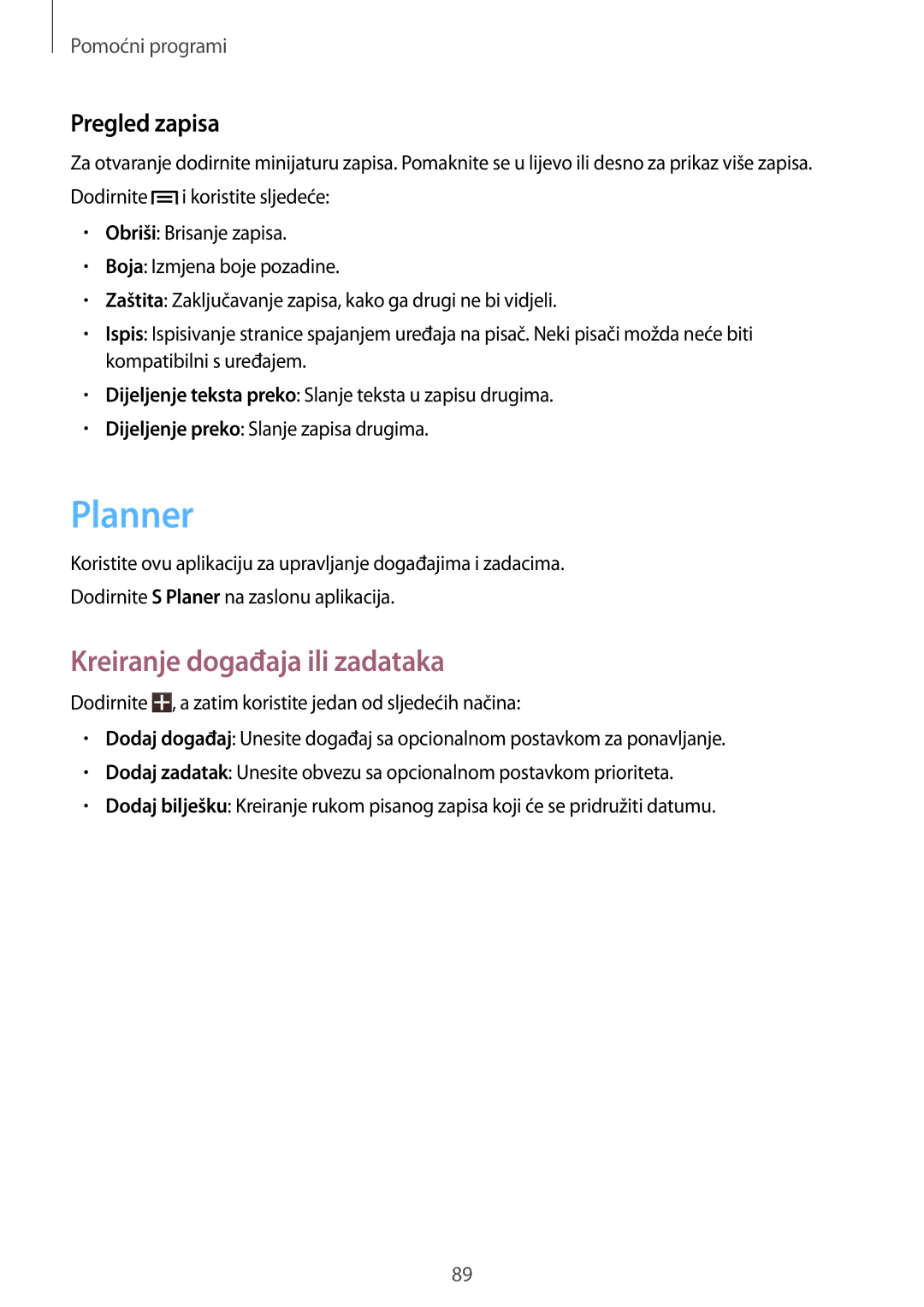 Samsung SM-T3110ZWASEE manual Planner, Kreiranje događaja ili zadataka, Pregled zapisa 