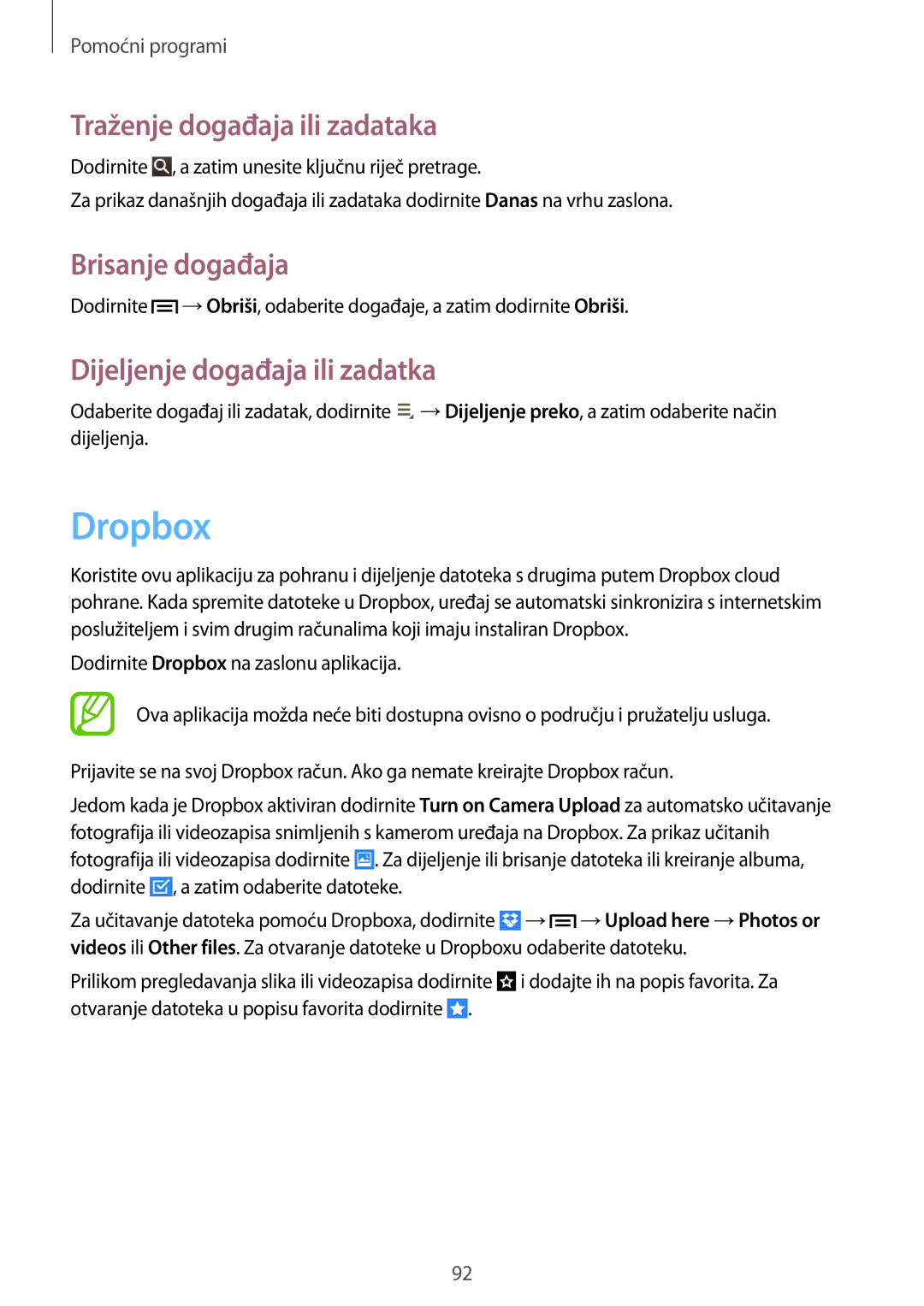 Samsung SM-T3110ZWASEE manual Dropbox, Traženje događaja ili zadataka, Brisanje događaja, Dijeljenje događaja ili zadatka 