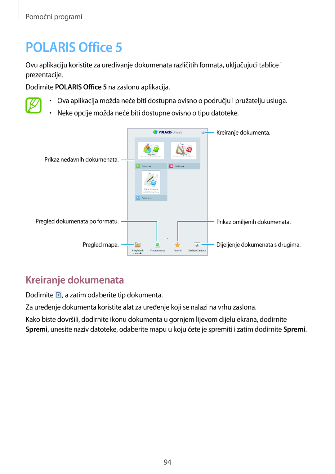 Samsung SM-T3110ZWASEE manual Polaris Office, Kreiranje dokumenata 