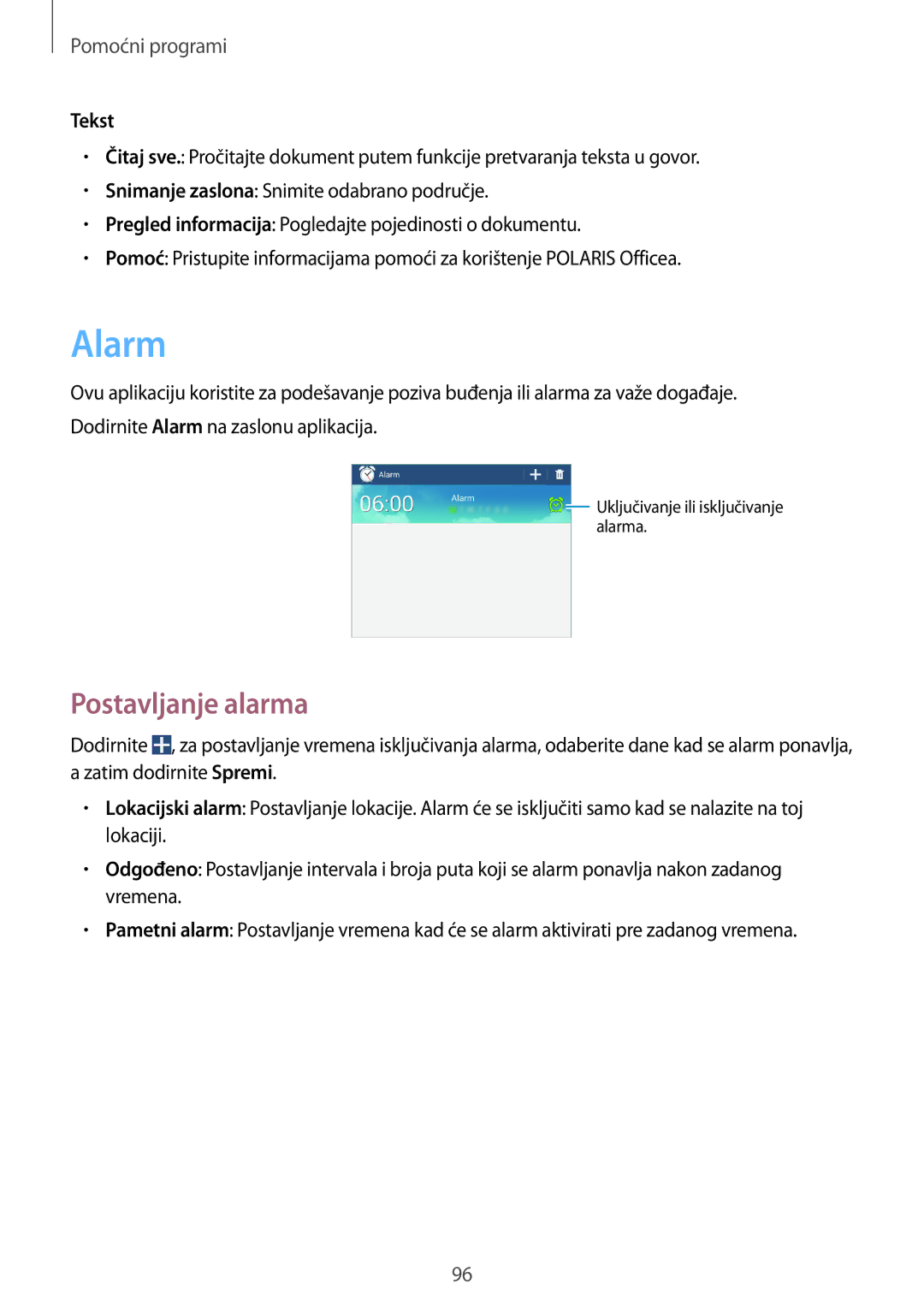 Samsung SM-T3110ZWASEE manual Alarm, Postavljanje alarma, Tekst 