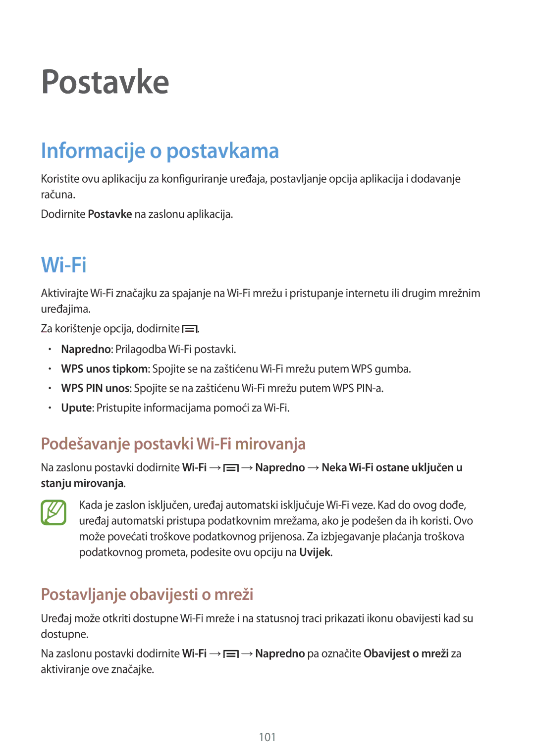 Samsung SM-T3110ZWASEE Informacije o postavkama, Podešavanje postavki Wi-Fi mirovanja, Postavljanje obavijesti o mreži 