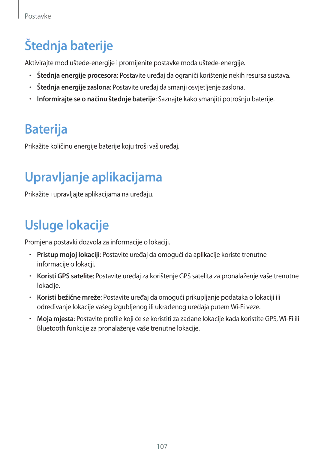 Samsung SM-T3110ZWASEE manual Štednja baterije, Baterija, Upravljanje aplikacijama, Usluge lokacije 