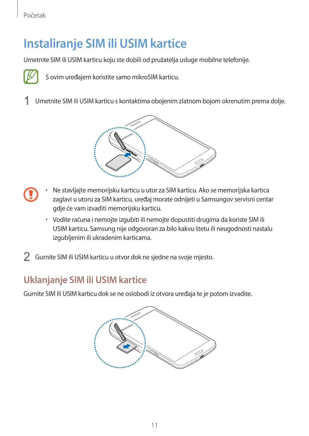 Samsung SM-T3110ZWASEE manual Instaliranje SIM ili Usim kartice, Uklanjanje SIM ili Usim kartice 