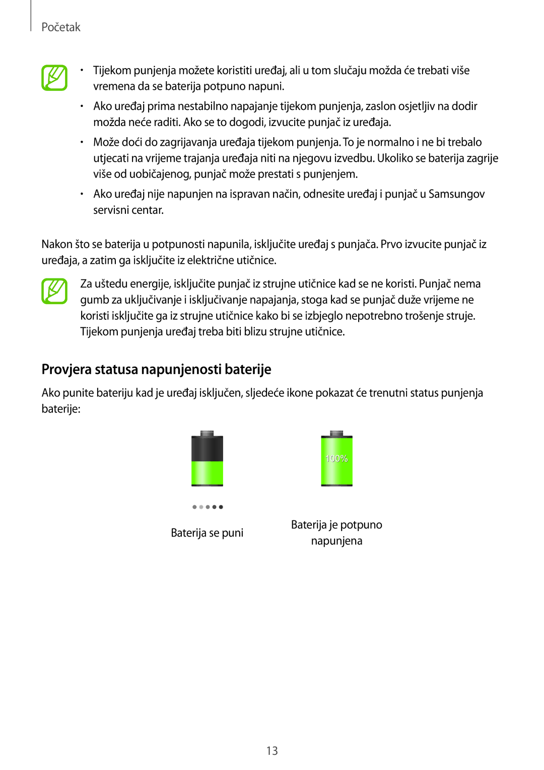 Samsung SM-T3110ZWASEE manual Provjera statusa napunjenosti baterije 