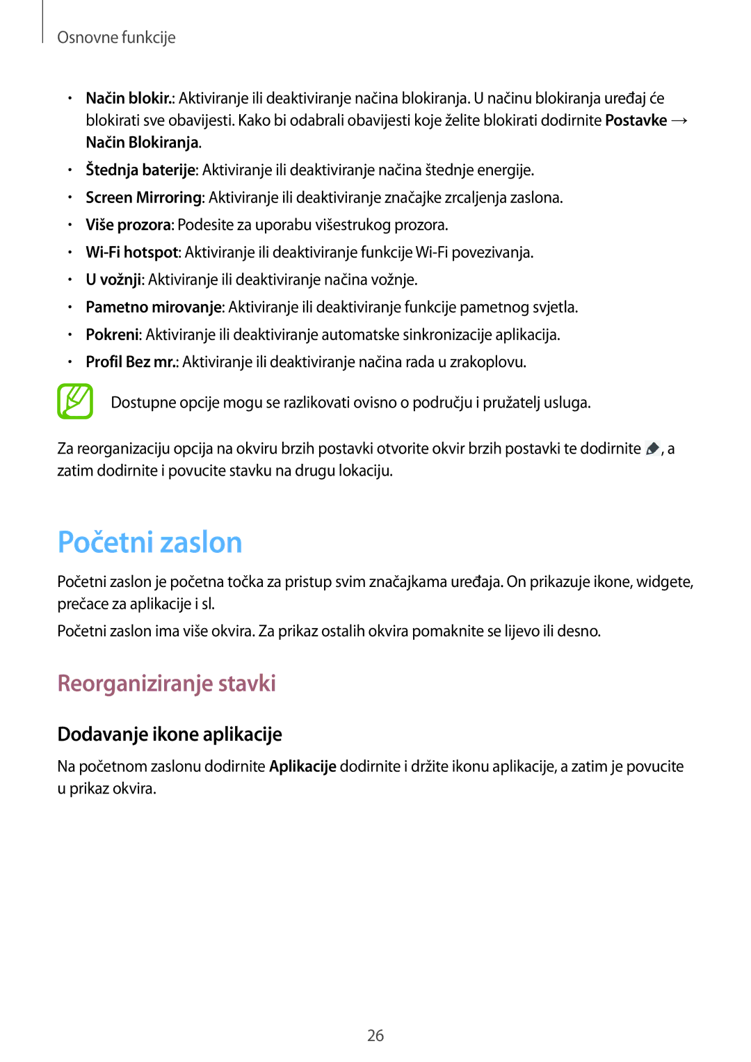 Samsung SM-T3110ZWASEE manual Početni zaslon, Reorganiziranje stavki, Dodavanje ikone aplikacije 