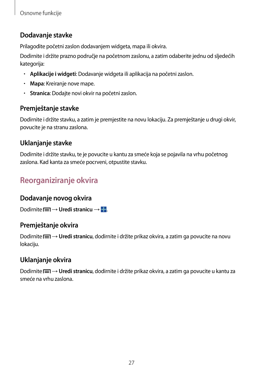 Samsung SM-T3110ZWASEE manual Reorganiziranje okvira 