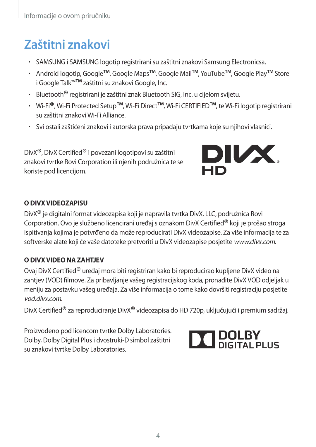 Samsung SM-T3110ZWASEE manual Zaštitni znakovi, Divx Videozapisu Divx Video NA Zahtjev 