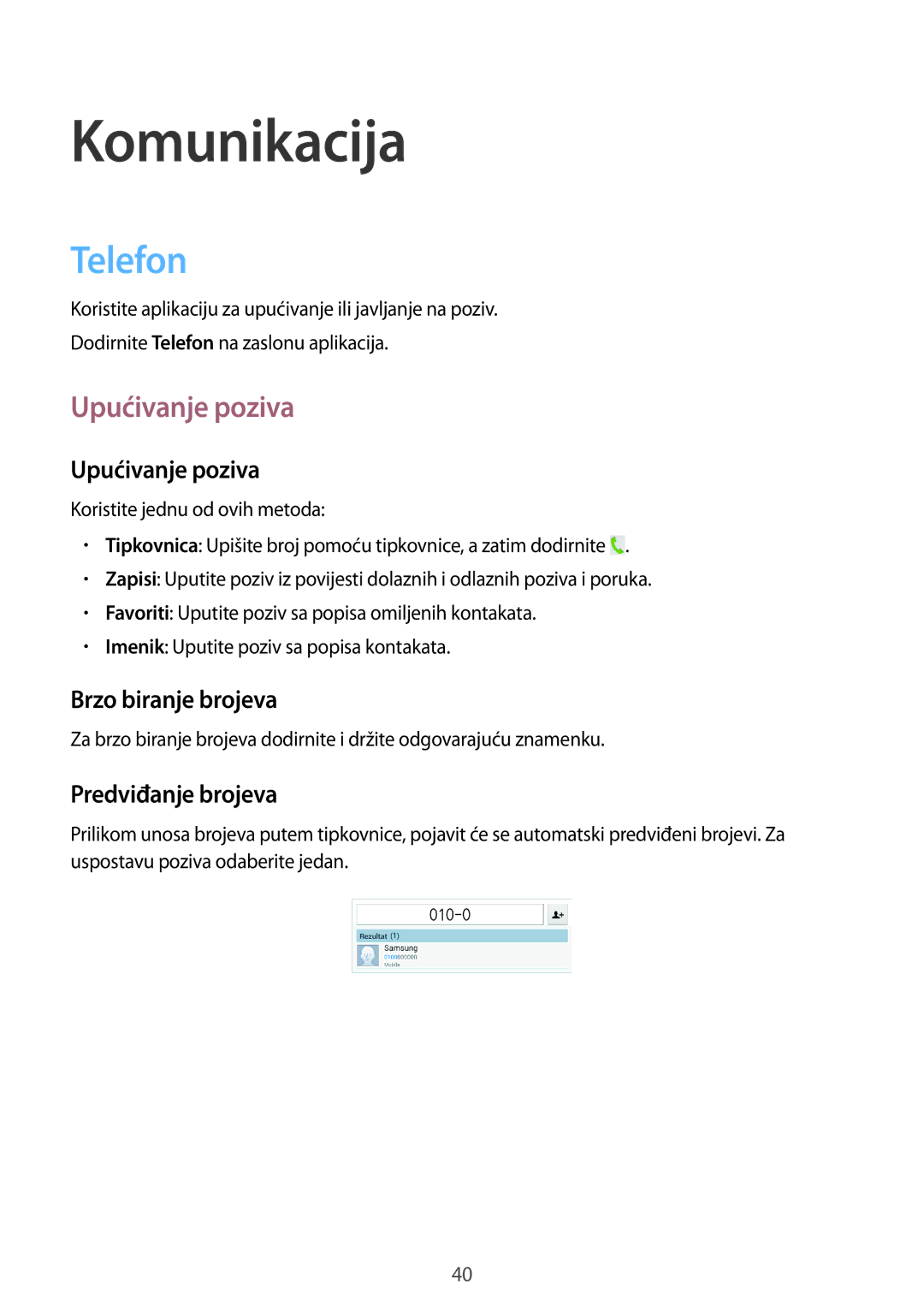 Samsung SM-T3110ZWASEE manual Telefon, Upućivanje poziva, Brzo biranje brojeva, Predviđanje brojeva 