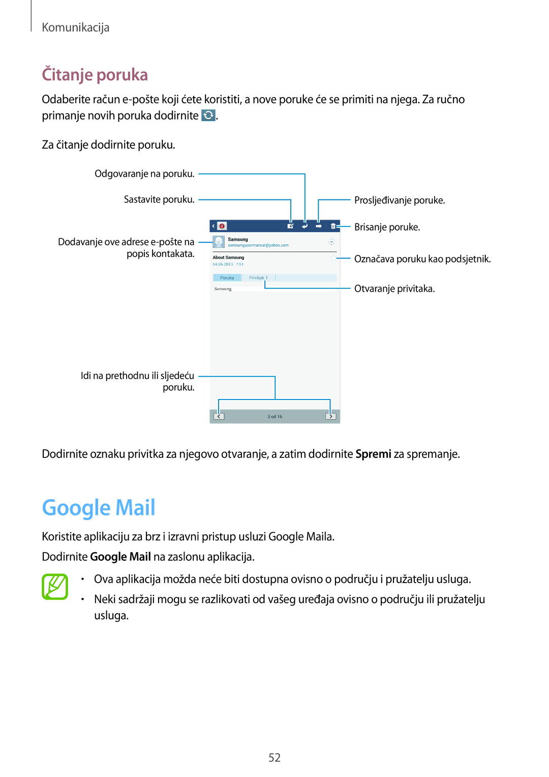 Samsung SM-T3110ZWASEE manual Google Mail, Čitanje poruka 