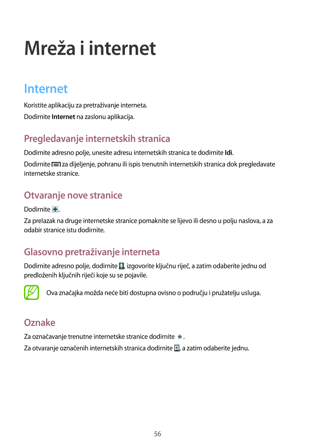 Samsung SM-T3110ZWASEE manual Internet, Pregledavanje internetskih stranica, Otvaranje nove stranice, Oznake 