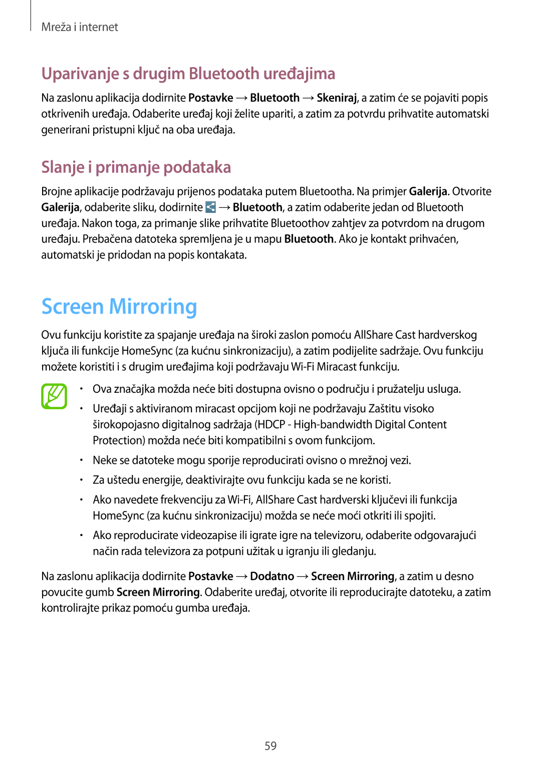 Samsung SM-T3110ZWASEE manual Screen Mirroring, Uparivanje s drugim Bluetooth uređajima, Slanje i primanje podataka 