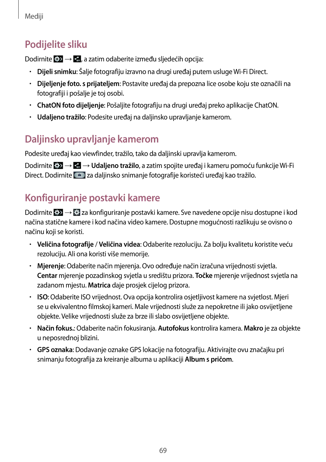 Samsung SM-T3110ZWASEE manual Podijelite sliku, Daljinsko upravljanje kamerom, Konfiguriranje postavki kamere 