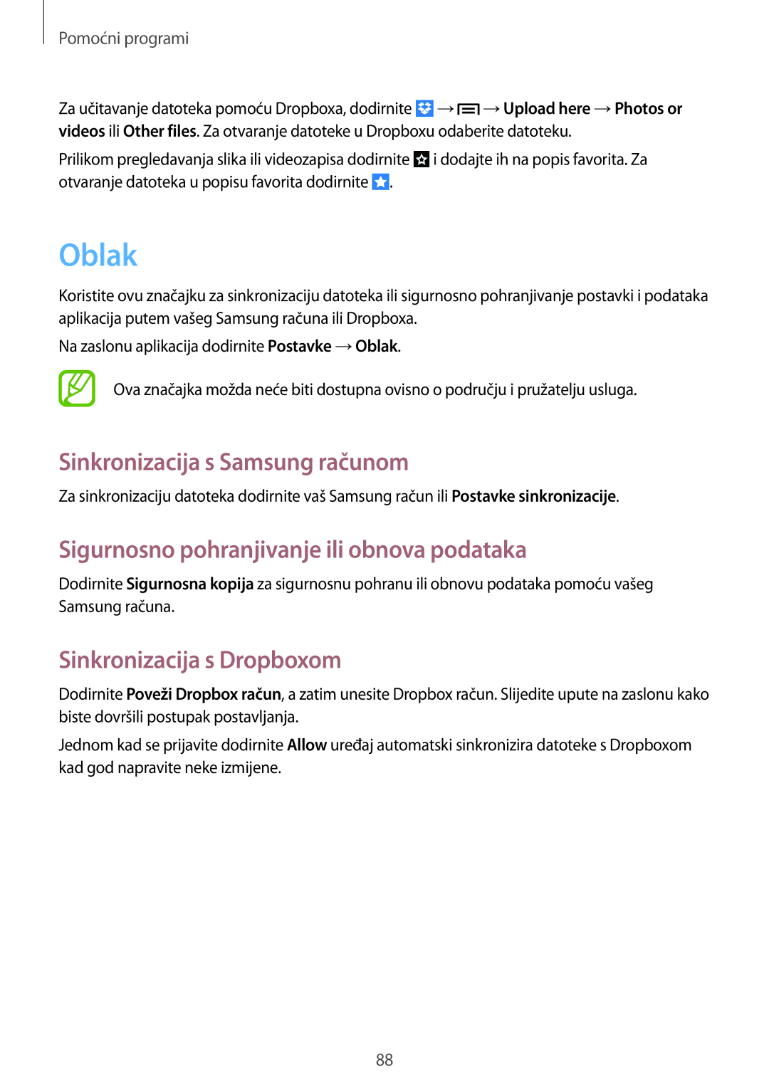 Samsung SM-T3110ZWASEE manual Oblak, Sinkronizacija s Samsung računom, Sigurnosno pohranjivanje ili obnova podataka 