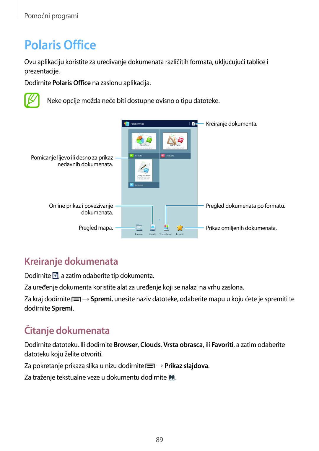 Samsung SM-T3110ZWASEE manual Polaris Office, Kreiranje dokumenata, Čitanje dokumenata 