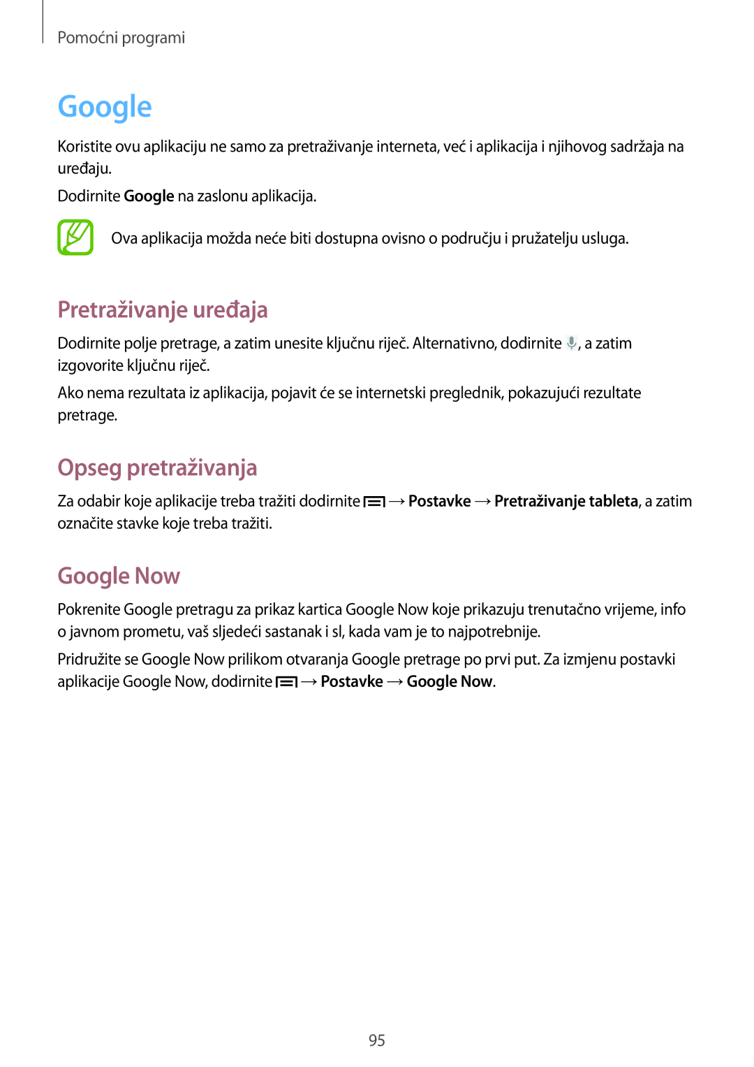 Samsung SM-T3110ZWASEE manual Pretraživanje uređaja, Opseg pretraživanja, Google Now 