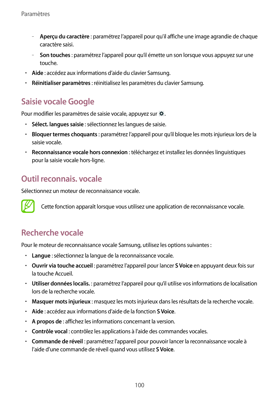 Samsung SM-T3110ZWAXEF, SM-T3100MKAXEF, SM-T3100ZWAXEF manual Saisie vocale Google, Outil reconnais. vocale, Recherche vocale 