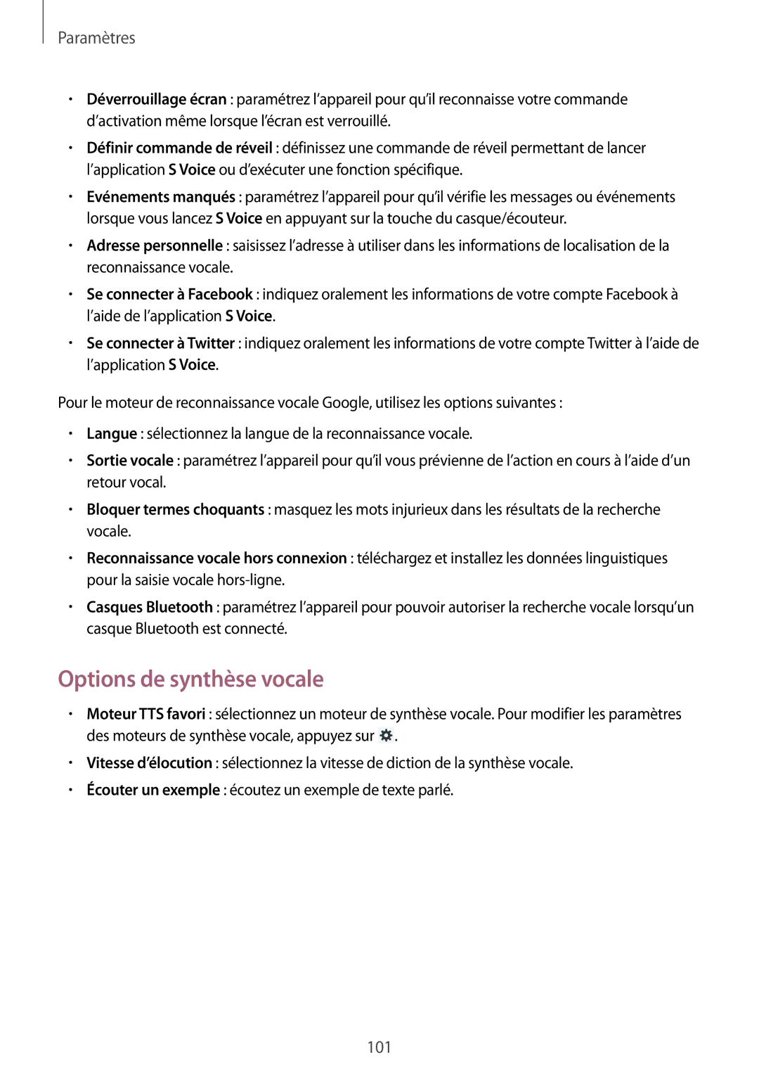 Samsung SM-T3100MKAXEF, SM-T3110ZWAXEF, SM-T3100ZWAXEF, SM-T3100MKEFNC manual Options de synthèse vocale 