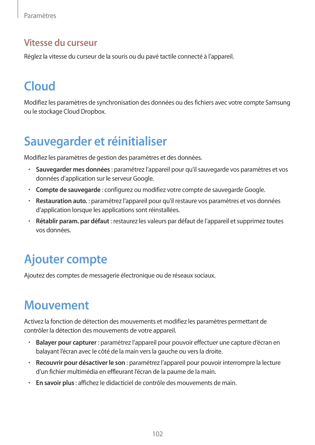 Samsung SM-T3100ZWAXEF, SM-T3110ZWAXEF manual Sauvegarder et réinitialiser, Ajouter compte, Mouvement, Vitesse du curseur 