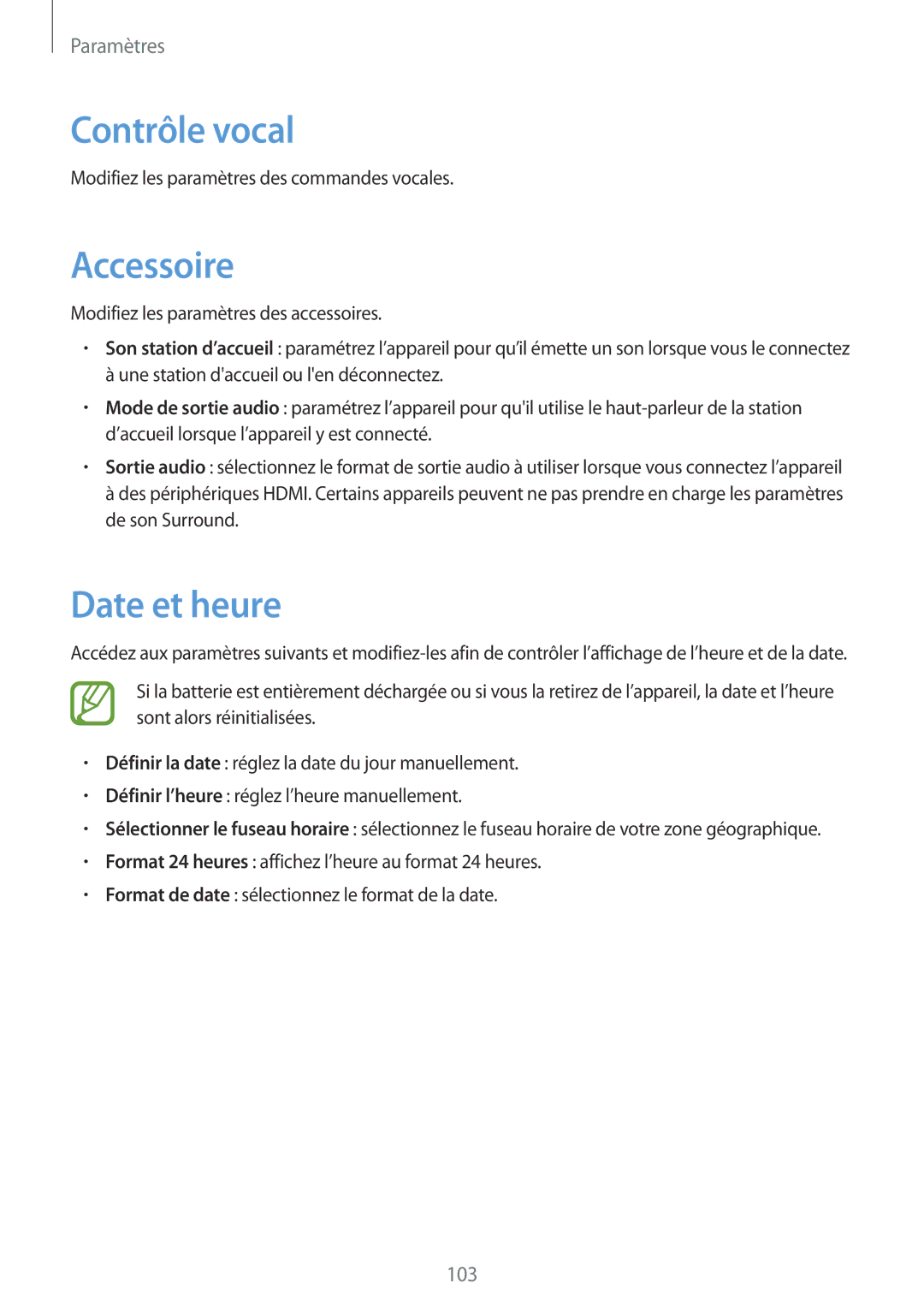 Samsung SM-T3100MKEFNC, SM-T3110ZWAXEF, SM-T3100MKAXEF, SM-T3100ZWAXEF manual Contrôle vocal, Accessoire, Date et heure 