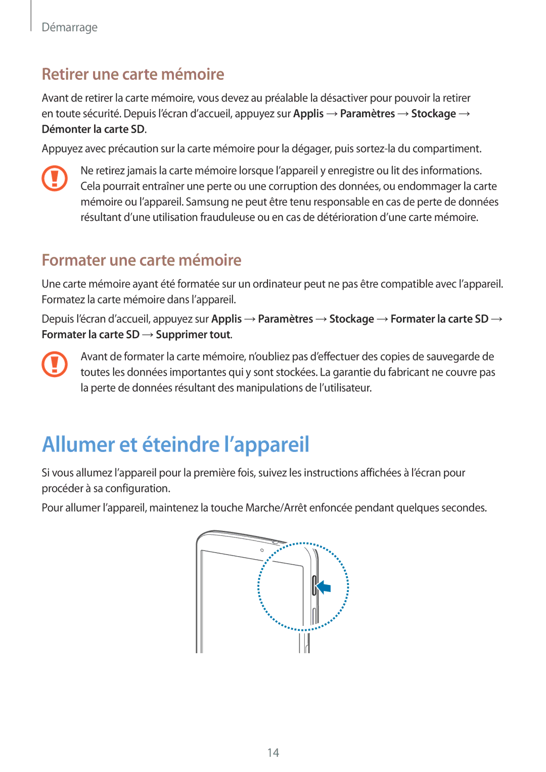 Samsung SM-T3100ZWAXEF manual Allumer et éteindre l’appareil, Retirer une carte mémoire, Formater une carte mémoire 