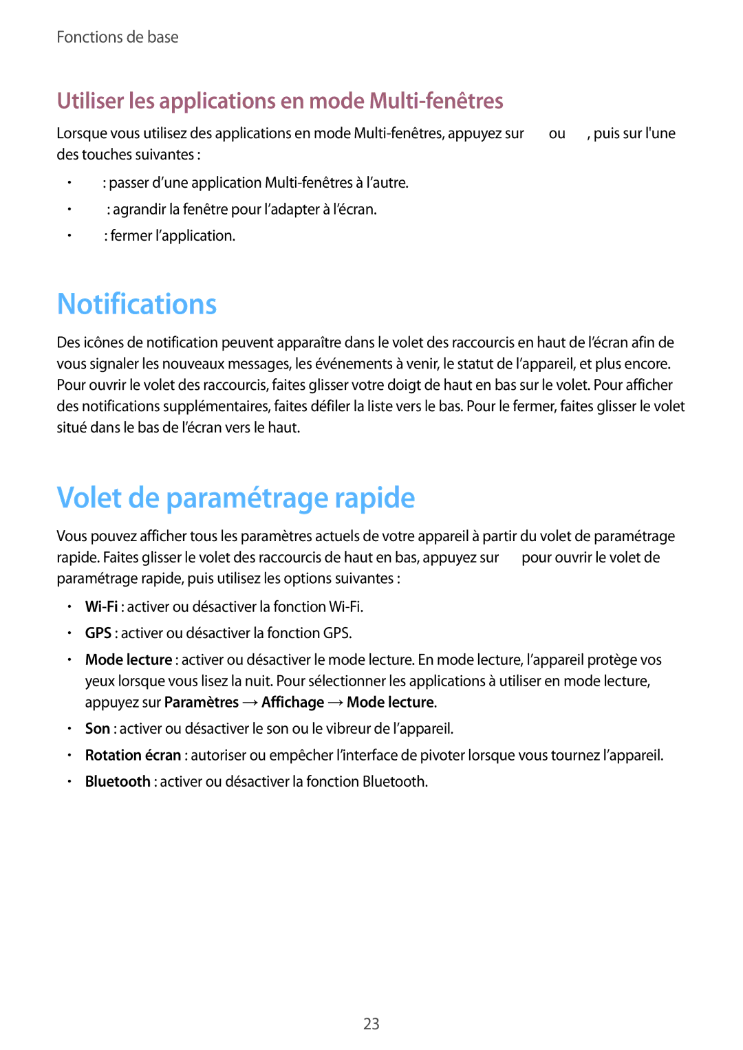 Samsung SM-T3100MKEFNC manual Notifications, Volet de paramétrage rapide, Utiliser les applications en mode Multi-fenêtres 