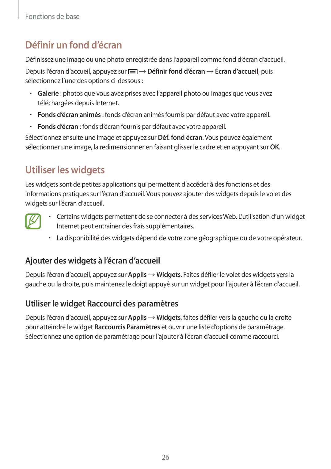 Samsung SM-T3100ZWAXEF manual Définir un fond d’écran, Utiliser les widgets, Ajouter des widgets à l’écran d’accueil 