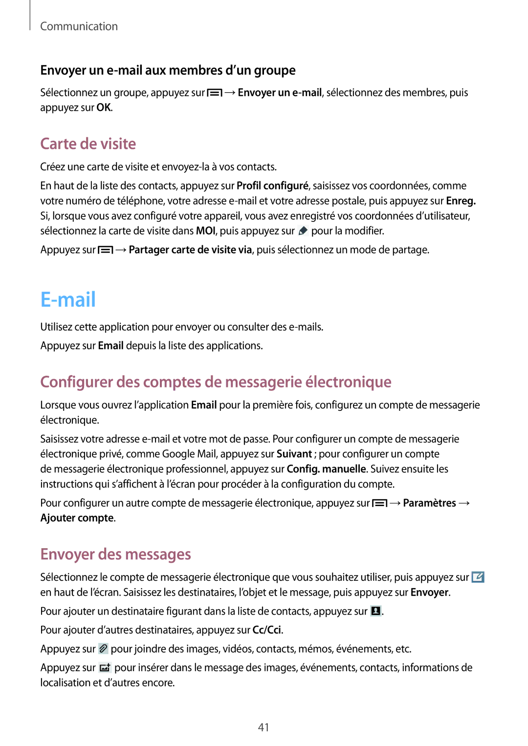 Samsung SM-T3100MKAXEF Mail, Carte de visite, Configurer des comptes de messagerie électronique, Envoyer des messages 