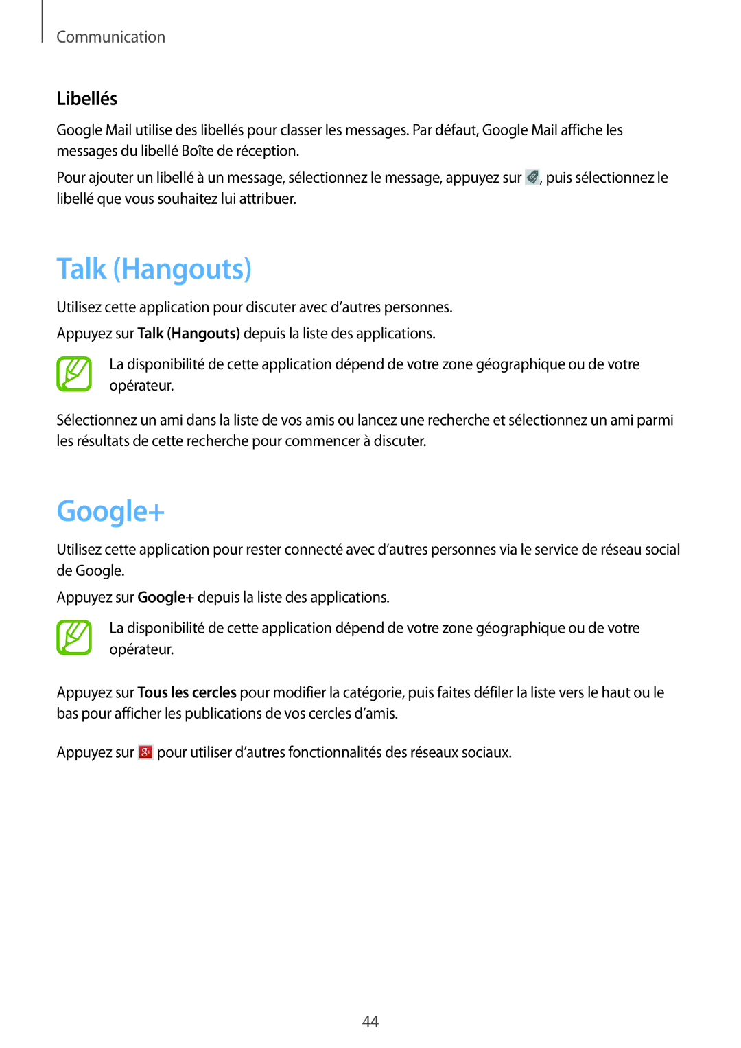 Samsung SM-T3110ZWAXEF, SM-T3100MKAXEF, SM-T3100ZWAXEF, SM-T3100MKEFNC manual Talk Hangouts, Google+, Libellés 