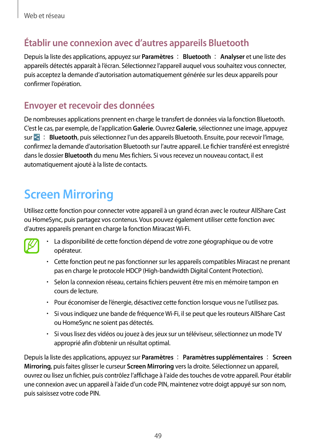 Samsung SM-T3100MKAXEF, SM-T3110ZWAXEF manual Screen Mirroring, Établir une connexion avec d’autres appareils Bluetooth 