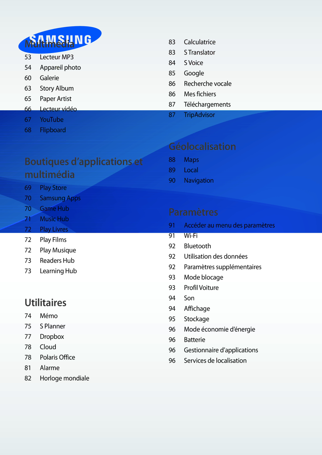 Samsung SM-T3100ZWAXEF, SM-T3110ZWAXEF, SM-T3100MKAXEF, SM-T3100MKEFNC manual Géolocalisation 