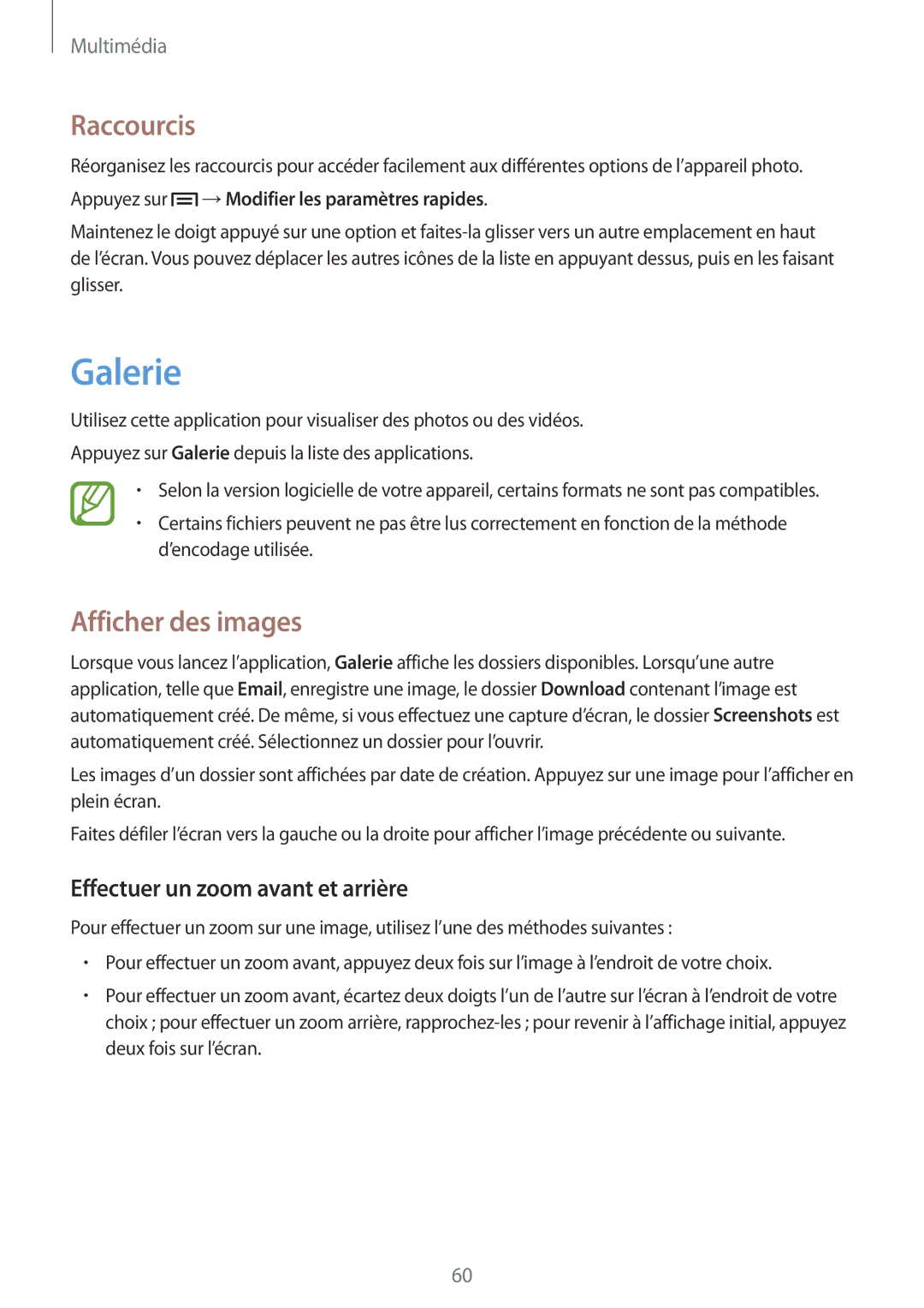 Samsung SM-T3110ZWAXEF, SM-T3100MKAXEF manual Galerie, Raccourcis, Afficher des images, Effectuer un zoom avant et arrière 