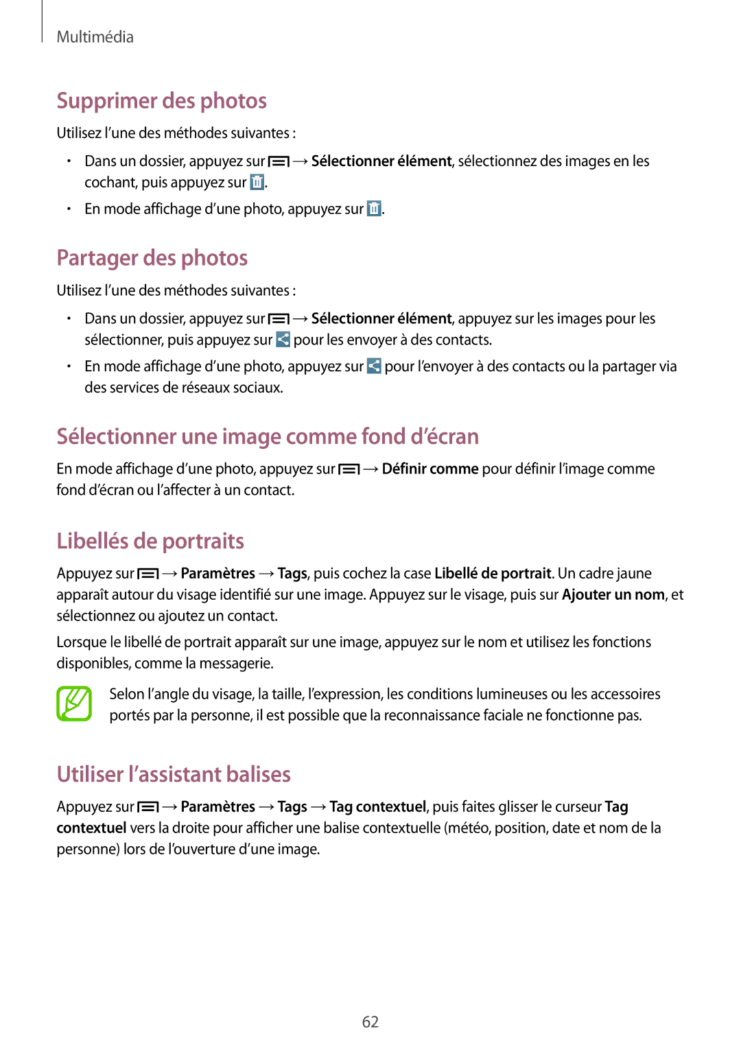 Samsung SM-T3100ZWAXEF manual Supprimer des photos, Sélectionner une image comme fond d’écran, Libellés de portraits 