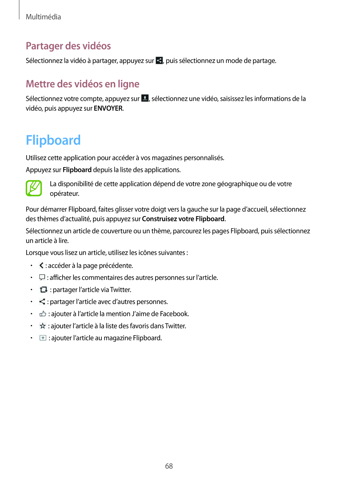 Samsung SM-T3110ZWAXEF, SM-T3100MKAXEF, SM-T3100ZWAXEF, SM-T3100MKEFNC manual Flipboard, Mettre des vidéos en ligne 