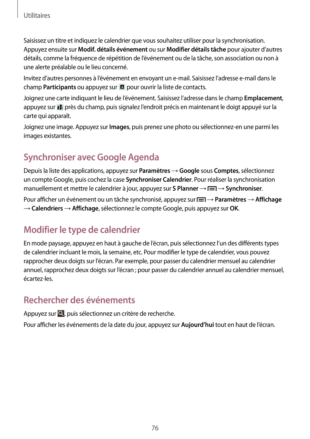 Samsung SM-T3110ZWAXEF manual Synchroniser avec Google Agenda, Modifier le type de calendrier, Rechercher des événements 