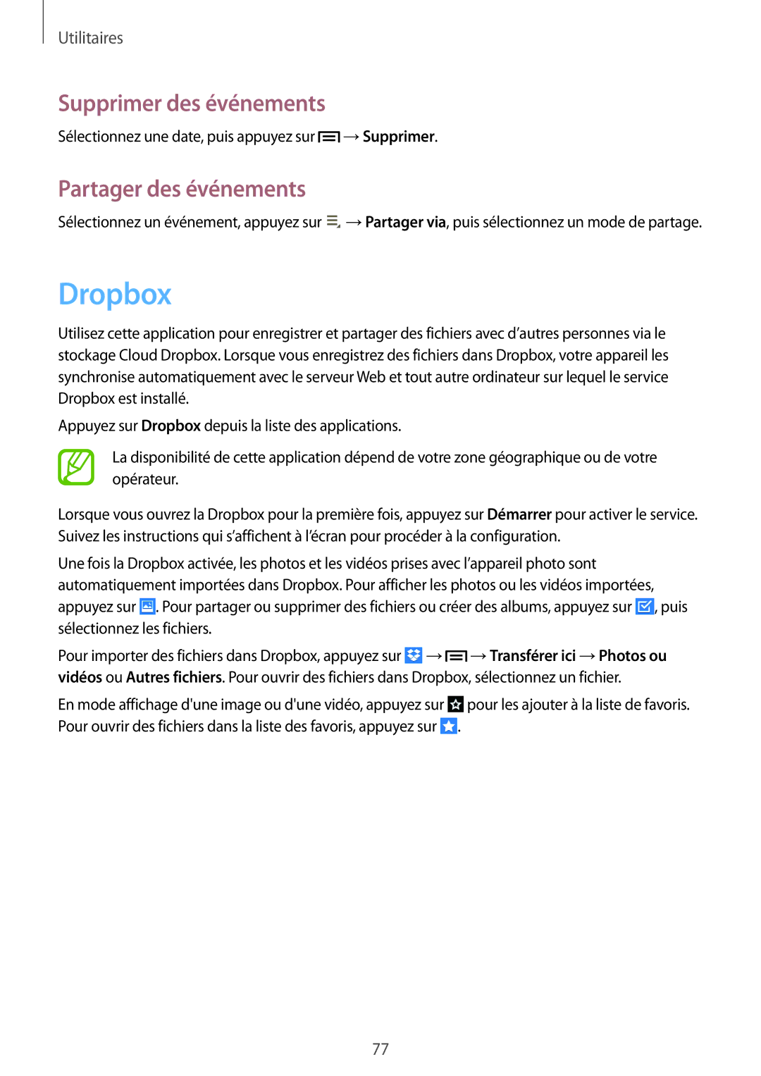 Samsung SM-T3100MKAXEF, SM-T3110ZWAXEF, SM-T3100ZWAXEF manual Dropbox, Supprimer des événements, Partager des événements 