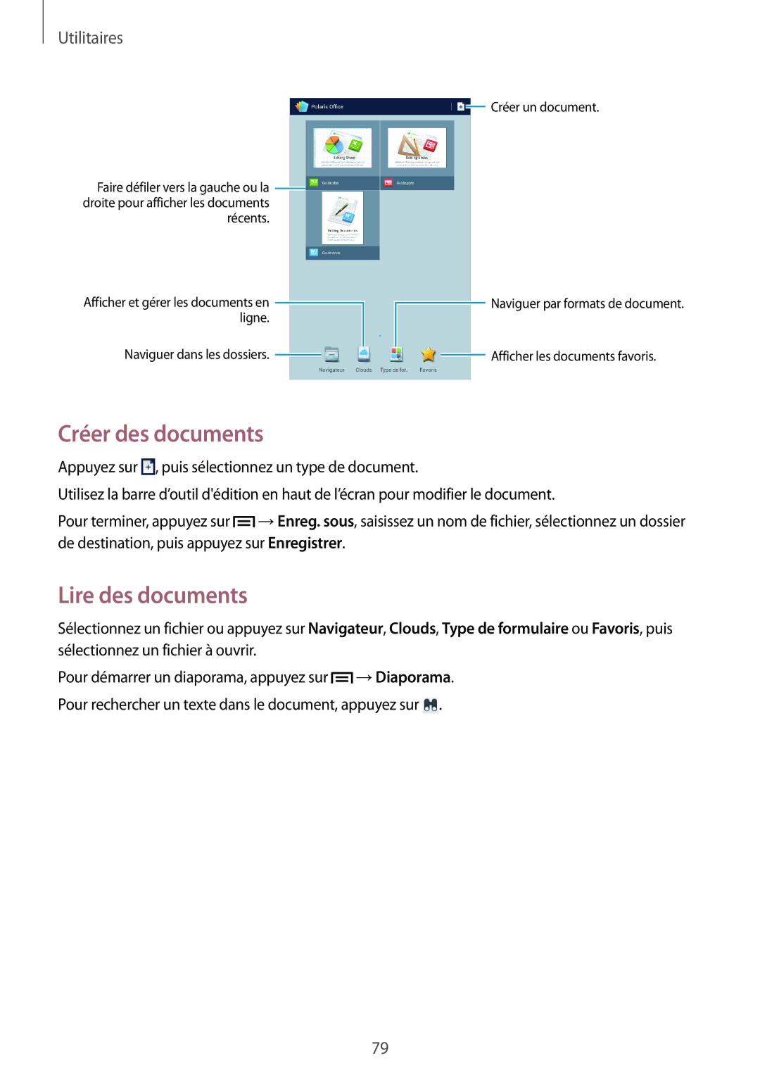 Samsung SM-T3100MKEFNC, SM-T3110ZWAXEF, SM-T3100MKAXEF, SM-T3100ZWAXEF manual Créer des documents, Lire des documents 