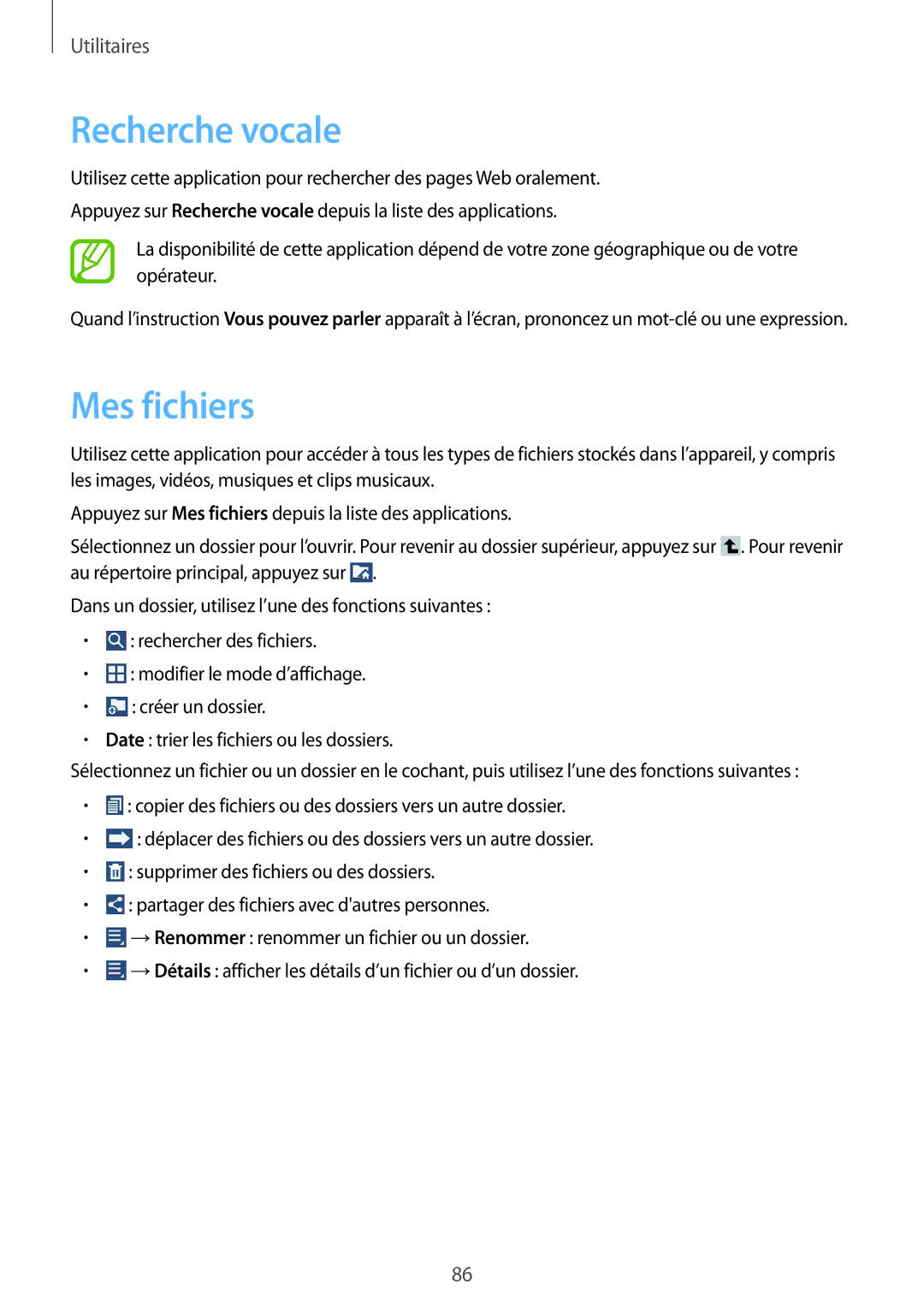 Samsung SM-T3100ZWAXEF, SM-T3110ZWAXEF, SM-T3100MKAXEF, SM-T3100MKEFNC manual Recherche vocale, Mes fichiers 