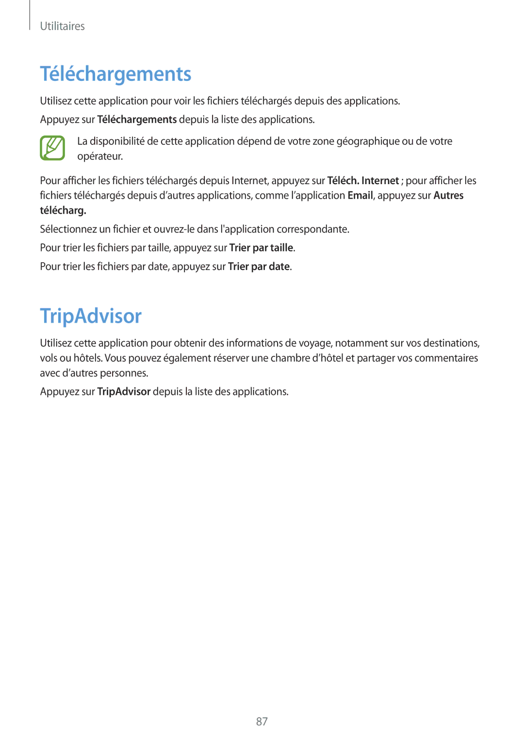 Samsung SM-T3100MKEFNC, SM-T3110ZWAXEF, SM-T3100MKAXEF, SM-T3100ZWAXEF manual Téléchargements, TripAdvisor 