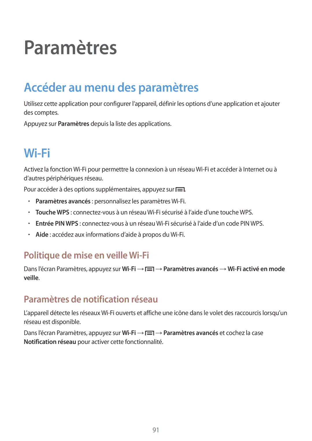 Samsung SM-T3100MKEFNC, SM-T3110ZWAXEF Paramètres, Accéder au menu des paramètres, Politique de mise en veille Wi-Fi 