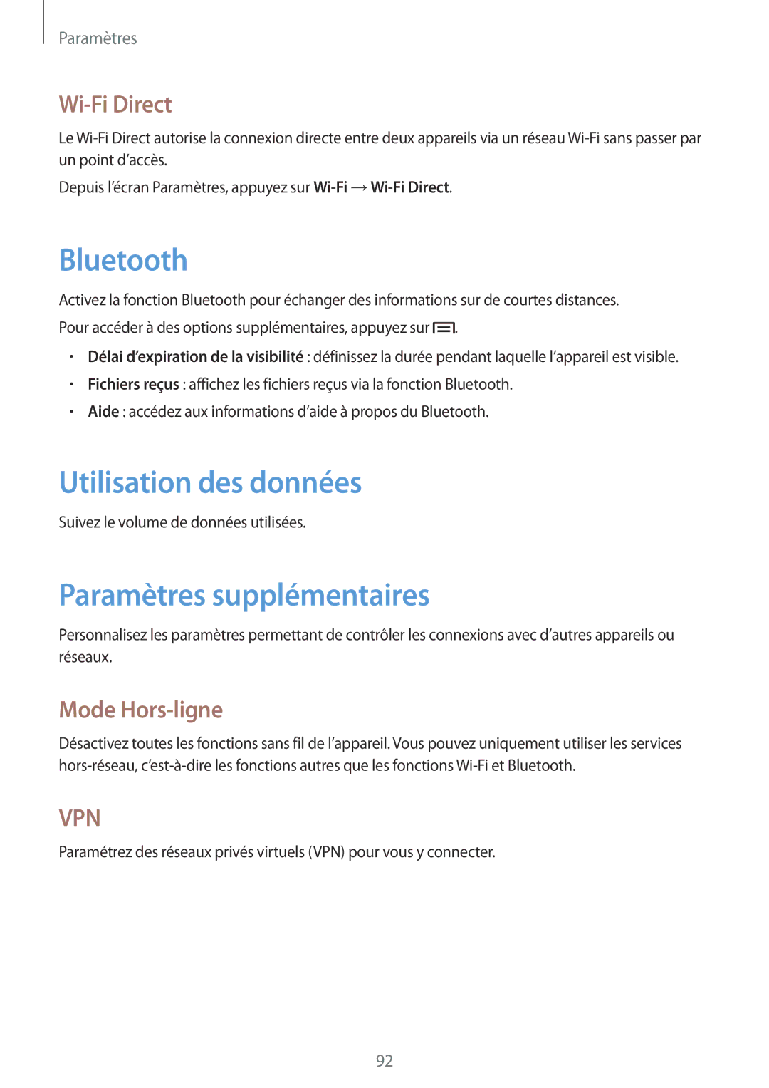 Samsung SM-T3110ZWAXEF, SM-T3100MKAXEF Utilisation des données, Paramètres supplémentaires, Wi-Fi Direct, Mode Hors-ligne 